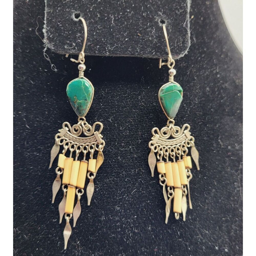 Handcrafted Malachite Bamboo and Silver Earrings 3in